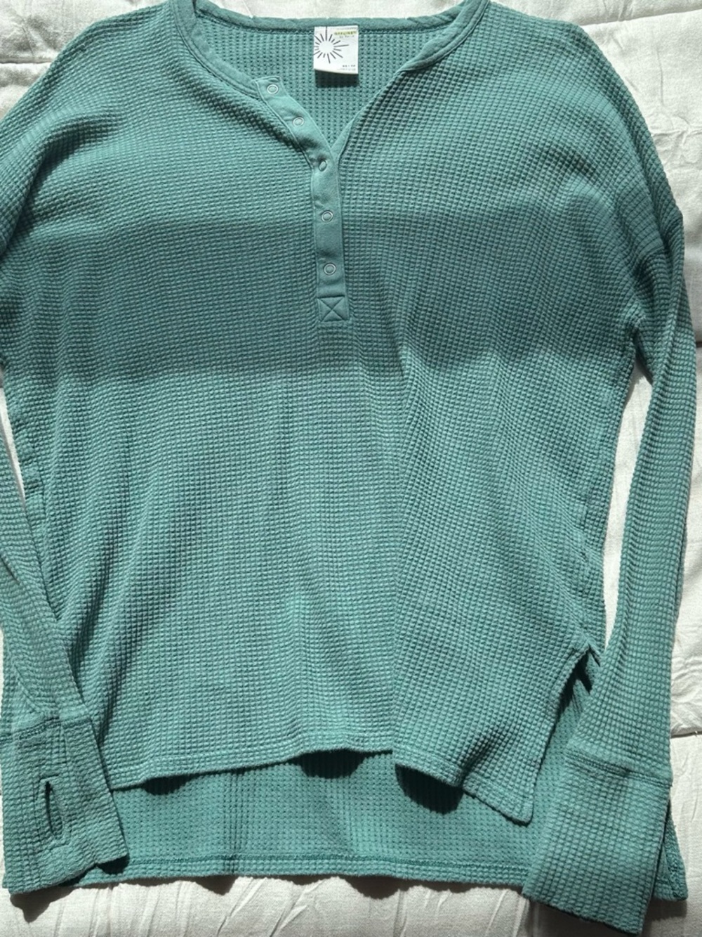 aerie Waffle-Knit Henley Top in Teal Green